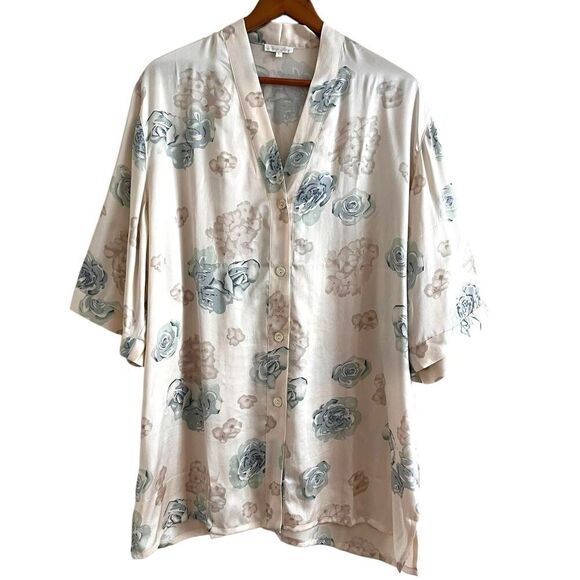 Vintage Pura Seta Silk Floral Button Front Tunic Top L Womens Boho Coastal Beach - Picture 1 of 10